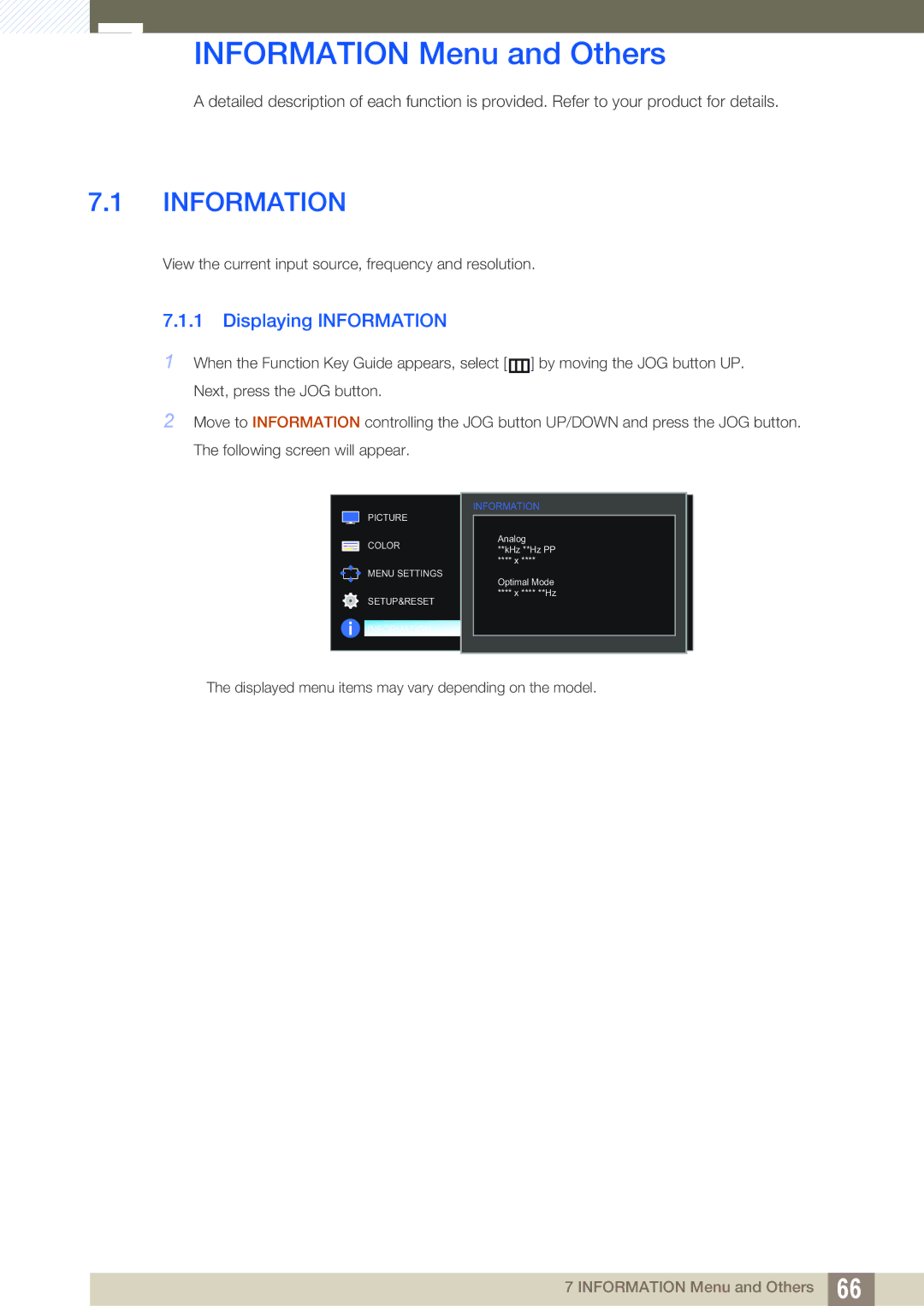 Samsung LS27D590PSX/EN, LS24D590PLX/EN, LS24D590PL/ZR, LS27D590PS/UE Information Menu and Others, Displaying Information 