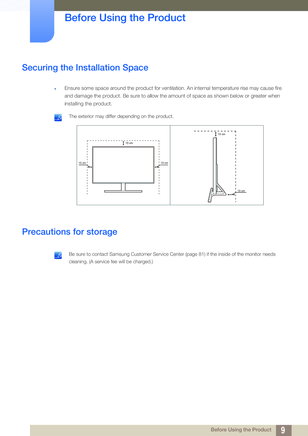 Samsung LS24D590PLX/KZ, LS24D590PLX/EN, LS27D590PSX/EN manual Securing the Installation Space, Precautions for storage 