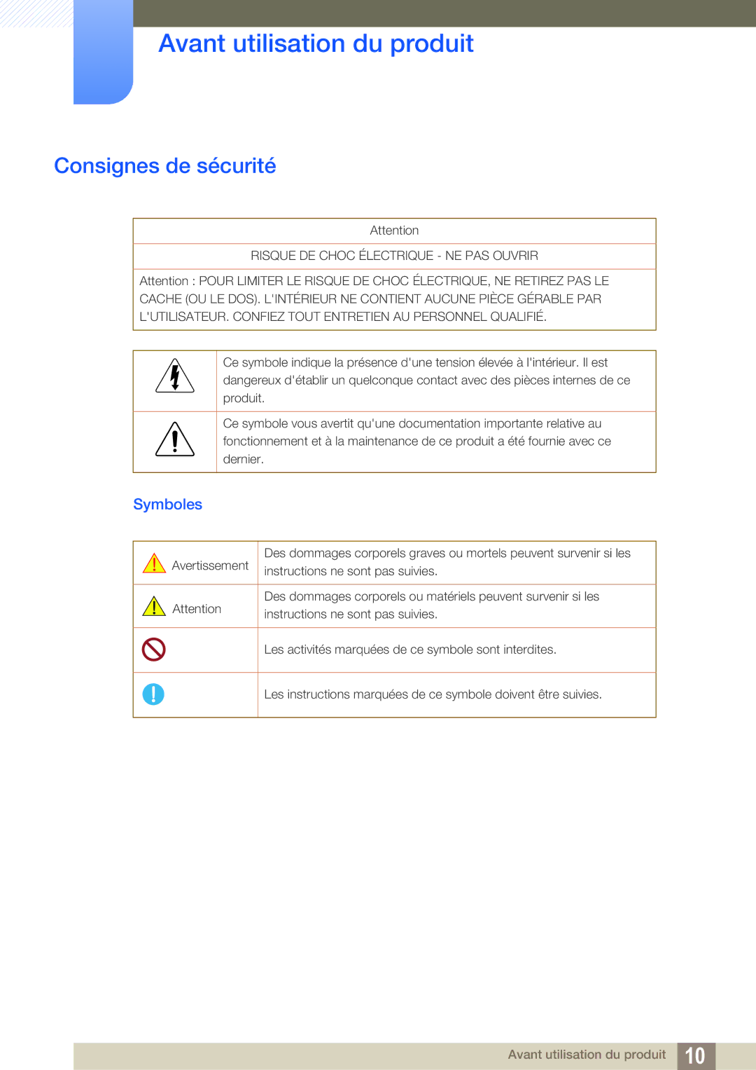 Samsung LS24D590PLX/EN, LS27D590PSX/EN manual Consignes de sécurité, Symboles 