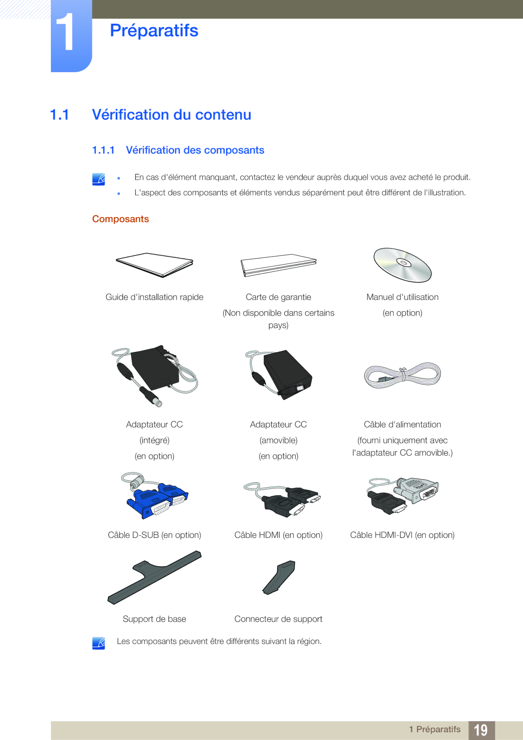 Samsung LS27D590PSX/EN, LS24D590PLX/EN Préparatifs, Vérification du contenu, 1 Vérification des composants, Composants 