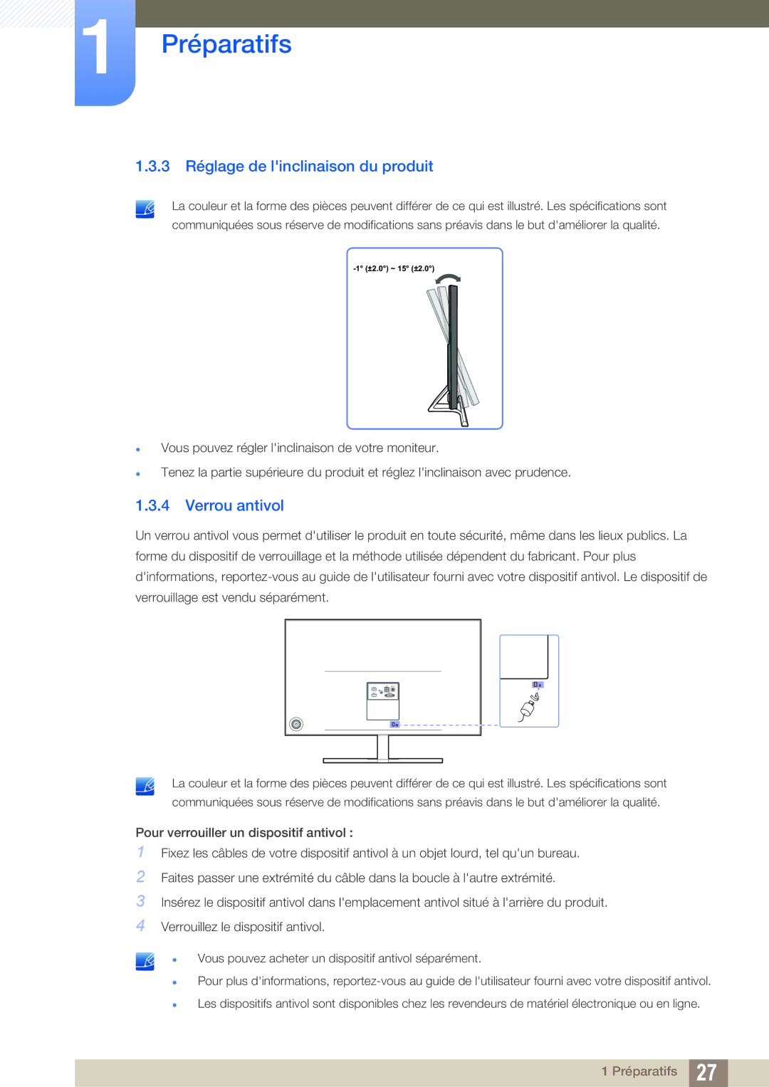 Samsung LS27D590PSX/EN, LS24D590PLX/EN manual 3 Réglage de linclinaison du produit, Verrou antivol 