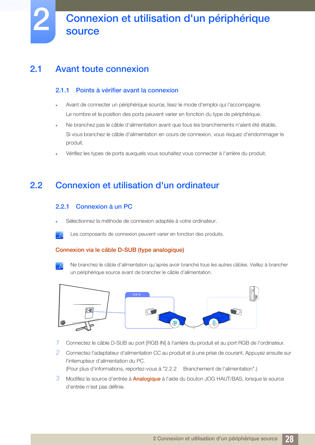 Samsung LS24D590PLX/EN manual Connexionsource et utilisation dun périphérique, Avant toute connexion, Connexion à un PC 