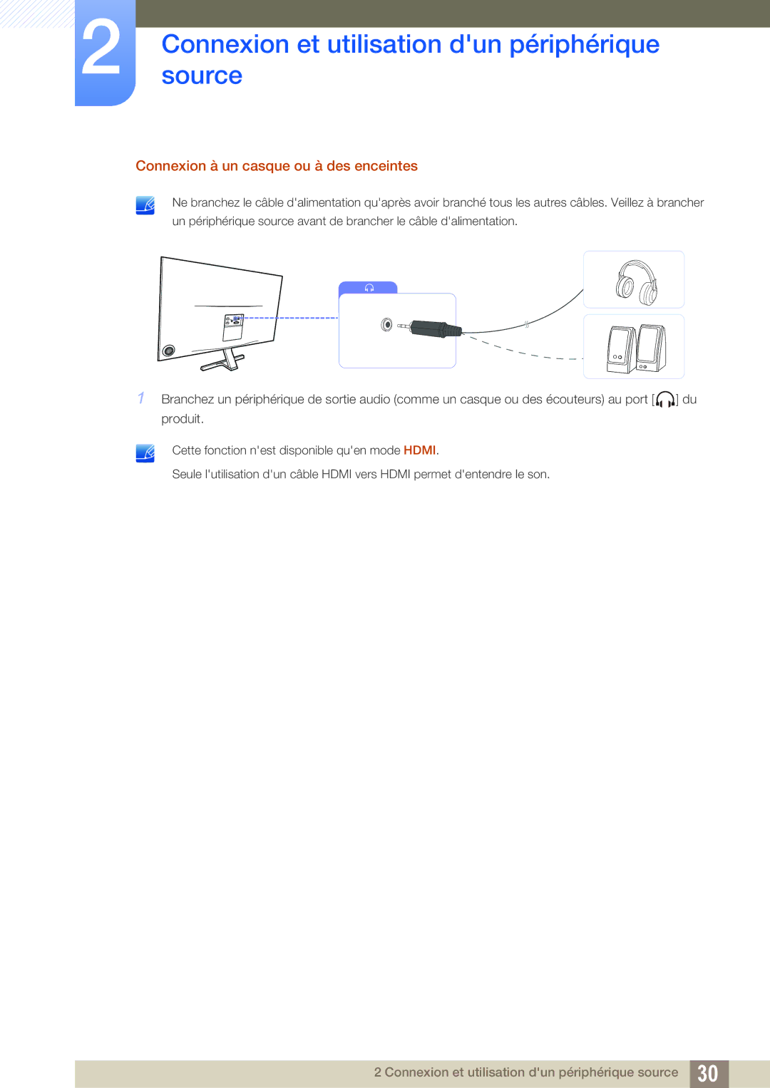 Samsung LS24D590PLX/EN, LS27D590PSX/EN manual Connexion à un casque ou à des enceintes 