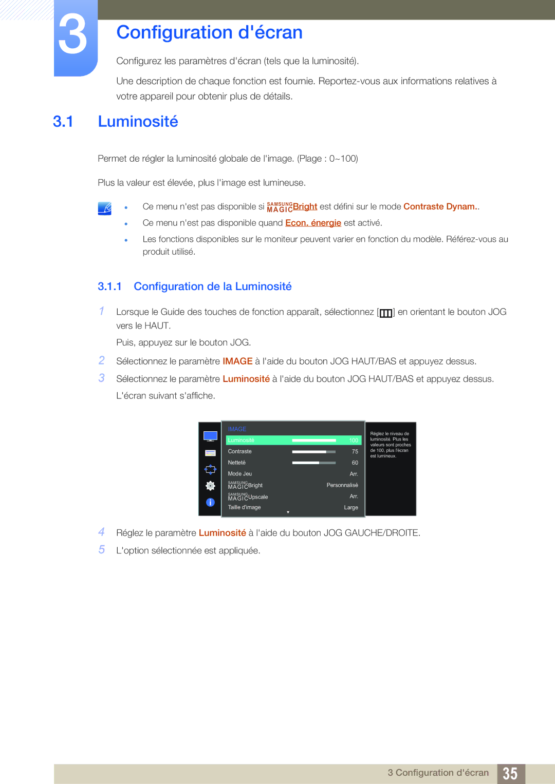 Samsung LS27D590PSX/EN, LS24D590PLX/EN manual Configuration décran, Configuration de la Luminosité 