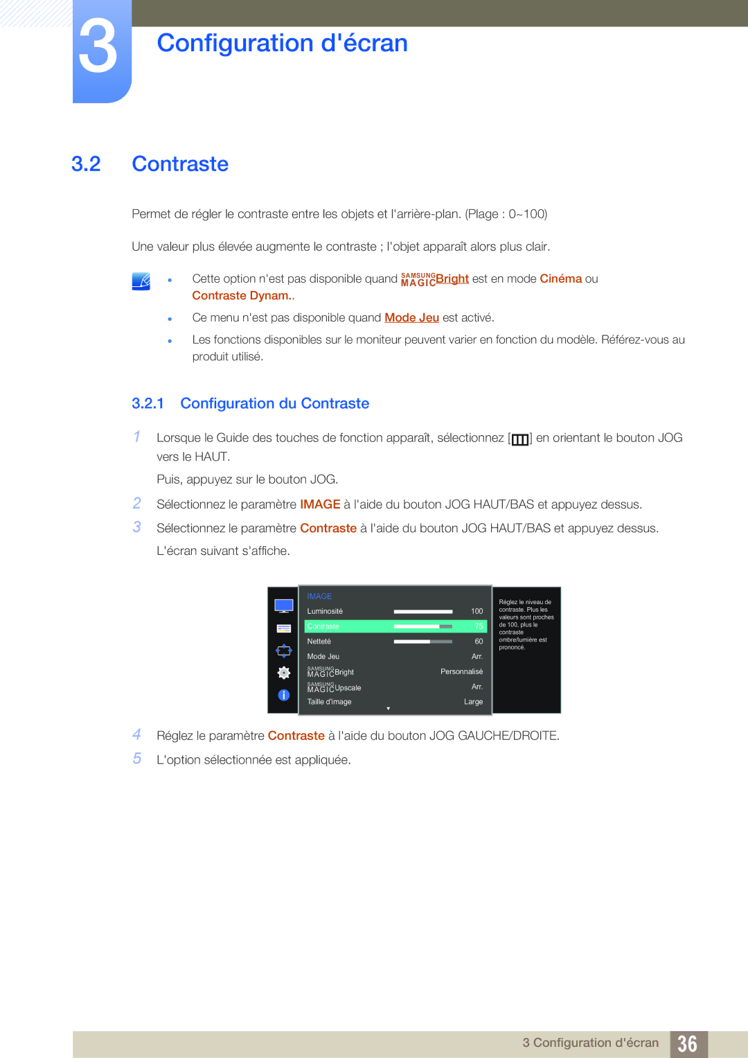 Samsung LS24D590PLX/EN, LS27D590PSX/EN manual Configuration du Contraste 