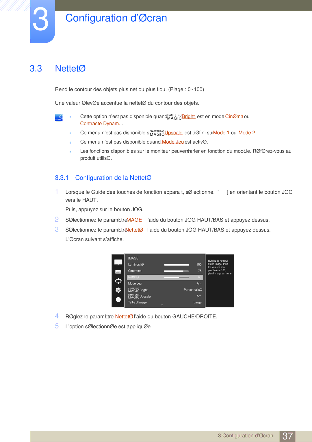 Samsung LS27D590PSX/EN, LS24D590PLX/EN manual Configuration de la Netteté 