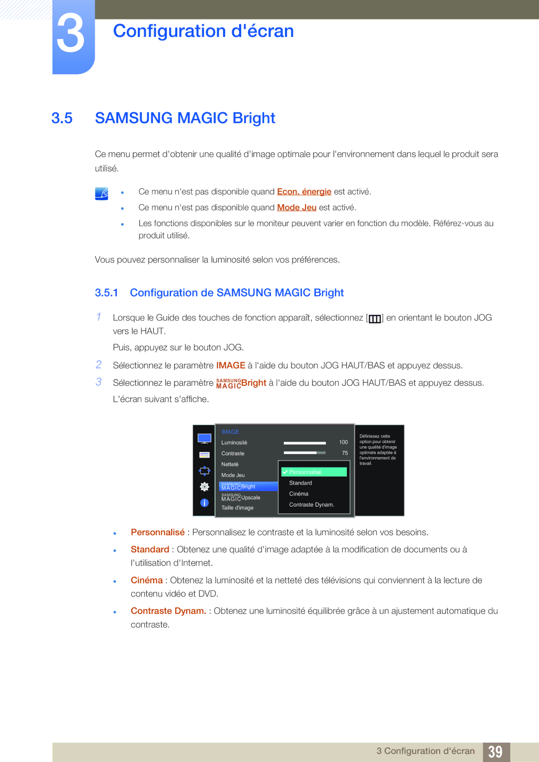 Samsung LS27D590PSX/EN, LS24D590PLX/EN manual Configuration de Samsung Magic Bright 