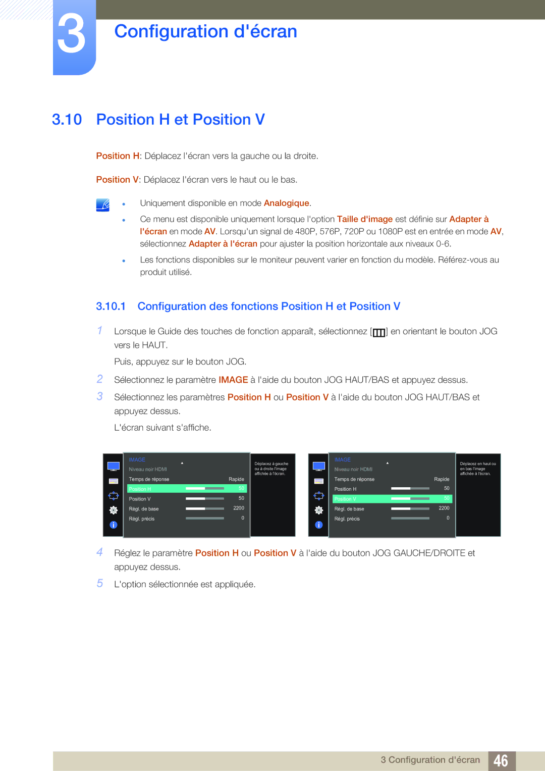 Samsung LS24D590PLX/EN, LS27D590PSX/EN manual Configuration des fonctions Position H et Position 