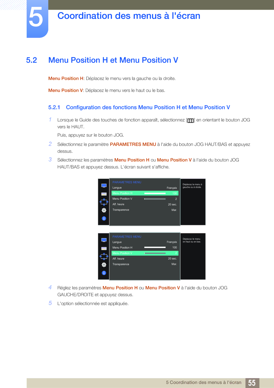 Samsung LS27D590PSX/EN, LS24D590PLX/EN manual Configuration des fonctions Menu Position H et Menu Position 