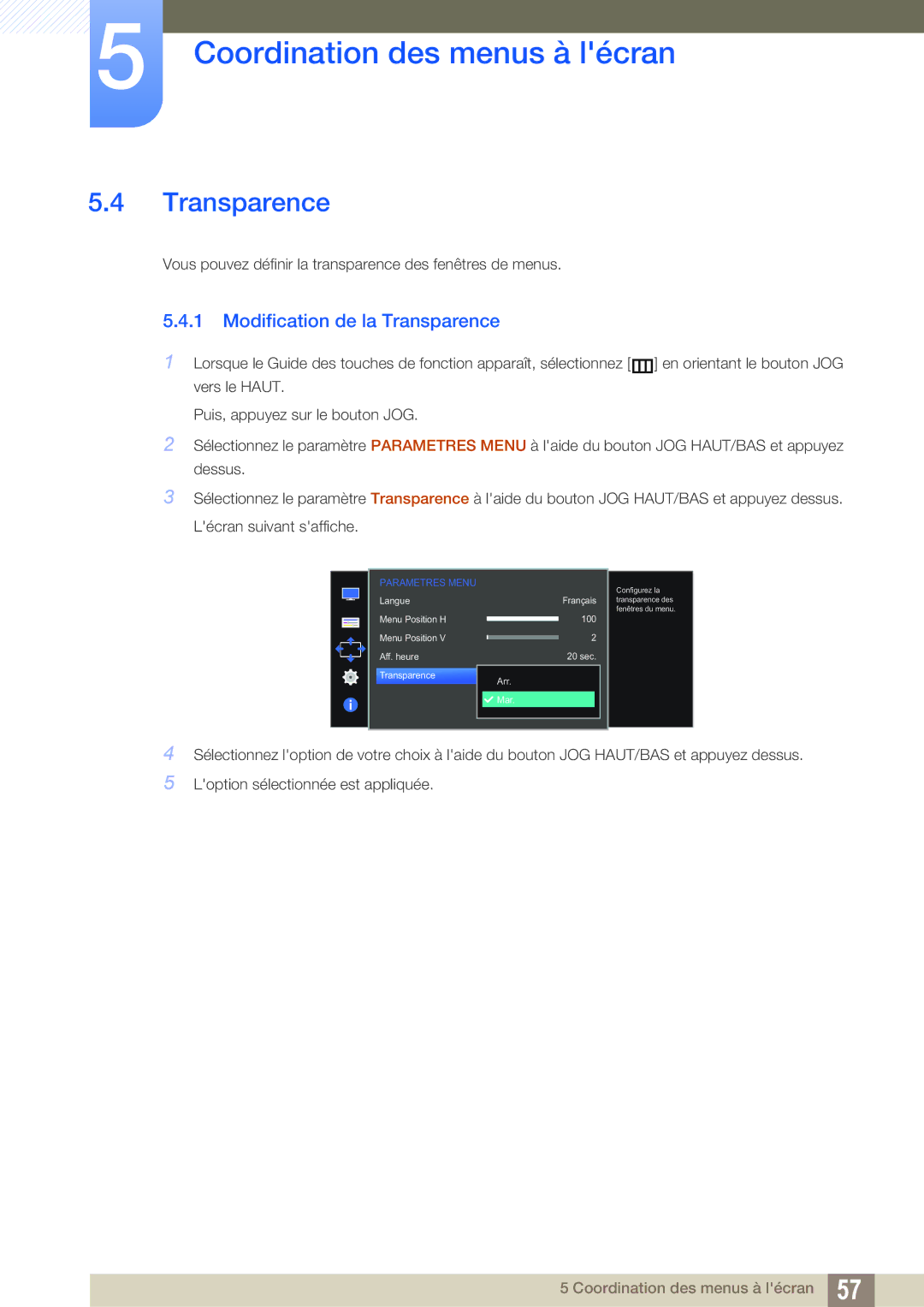 Samsung LS27D590PSX/EN, LS24D590PLX/EN manual Modification de la Transparence 