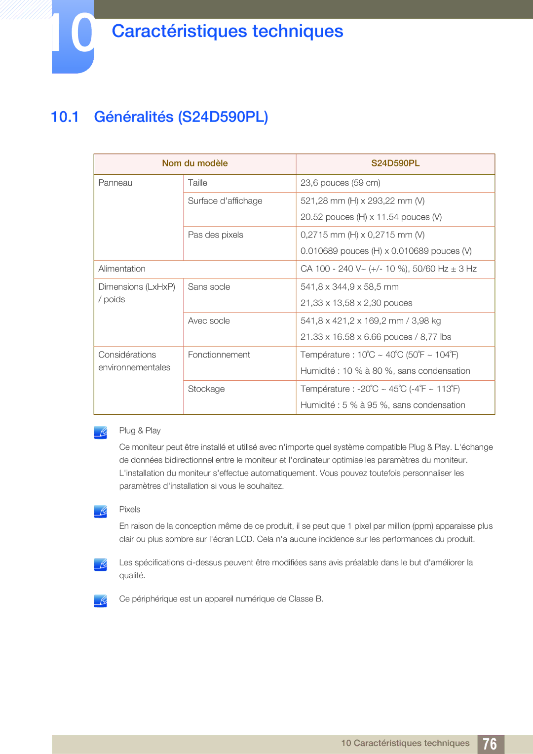 Samsung LS24D590PLX/EN, LS27D590PSX/EN manual Caractéristiques techniques, 10.1 Généralités S24D590PL 