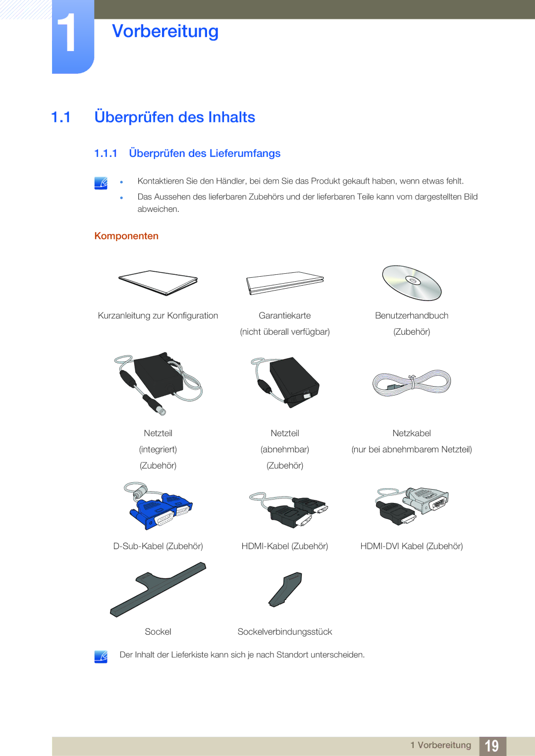 Samsung LS27D590PSX/EN, LS24D590PLX/EN Vorbereitung, Überprüfen des Inhalts, 1 Überprüfen des Lieferumfangs, Komponenten 