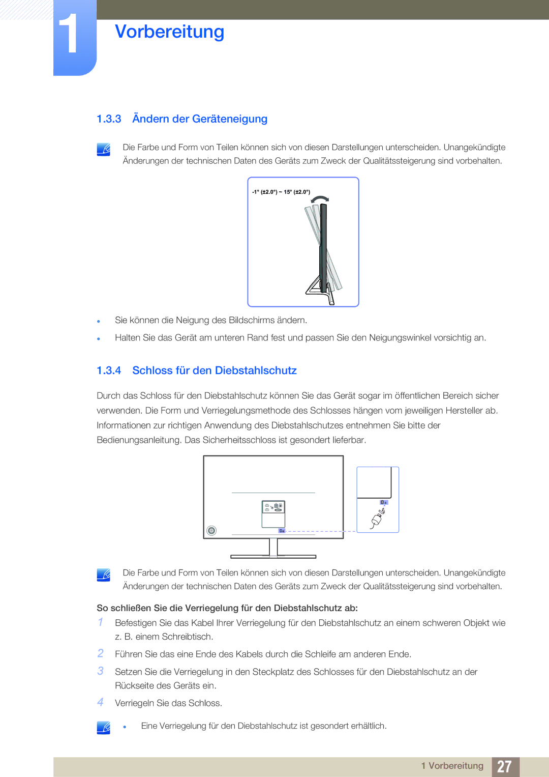 Samsung LS27D590PSX/EN, LS24D590PLX/EN manual 3 Ändern der Geräteneigung, Schloss für den Diebstahlschutz 