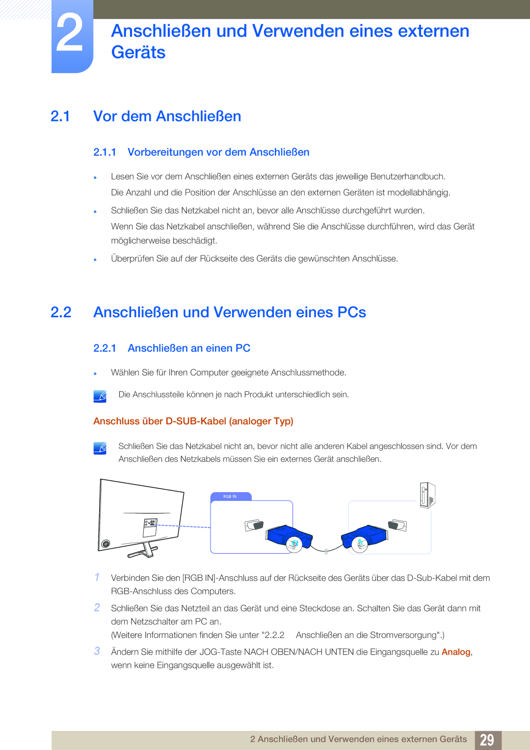 Samsung LS27D590PSX/EN manual AnschließenGeräts und Verwenden eines externen, Vor dem Anschließen, Anschließen an einen PC 