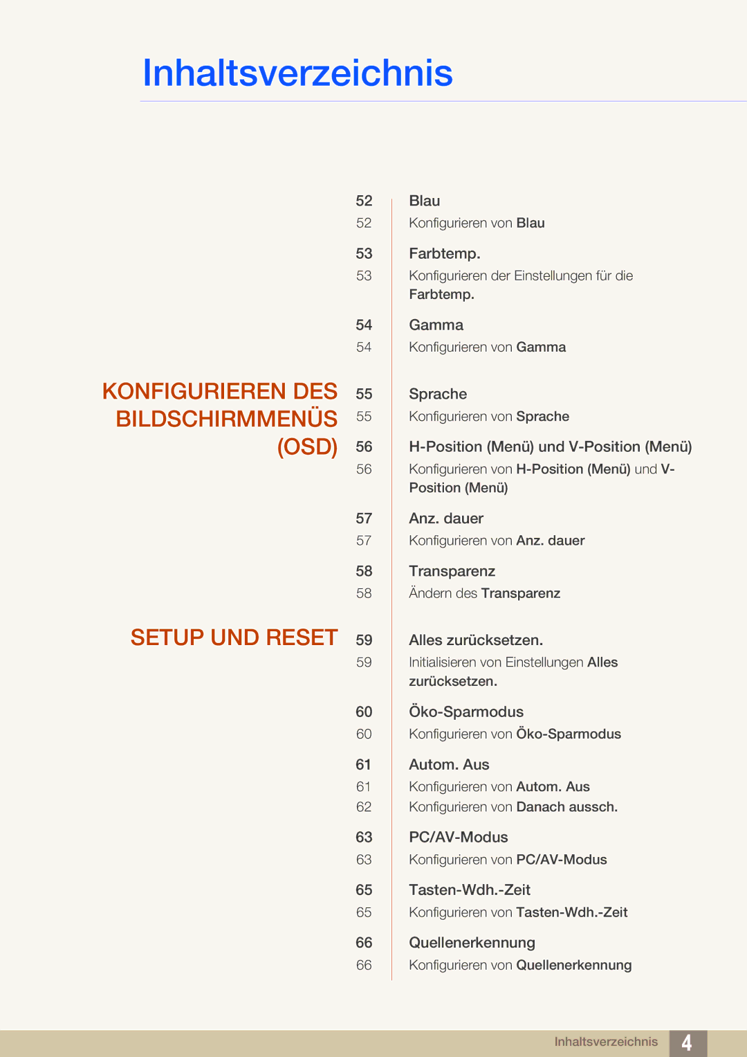 Samsung LS24D590PLX/EN, LS27D590PSX/EN manual Konfigurieren DES Bildschirmmenüs OSD Setup UND Reset 