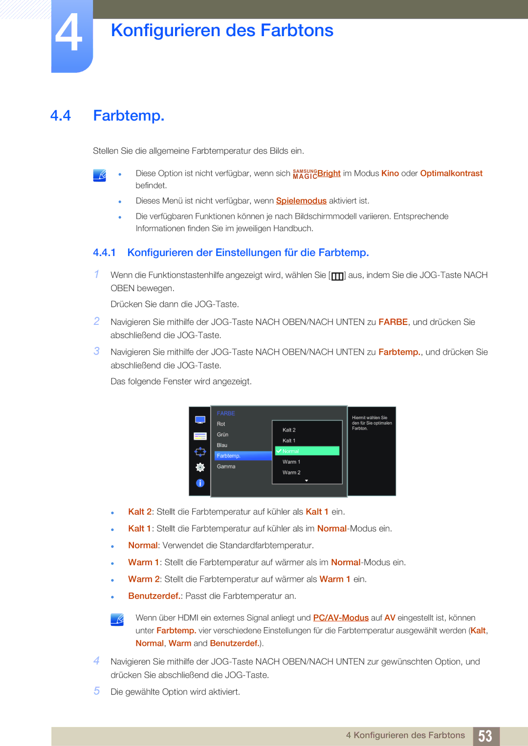 Samsung LS27D590PSX/EN, LS24D590PLX/EN manual Konfigurieren der Einstellungen für die Farbtemp 