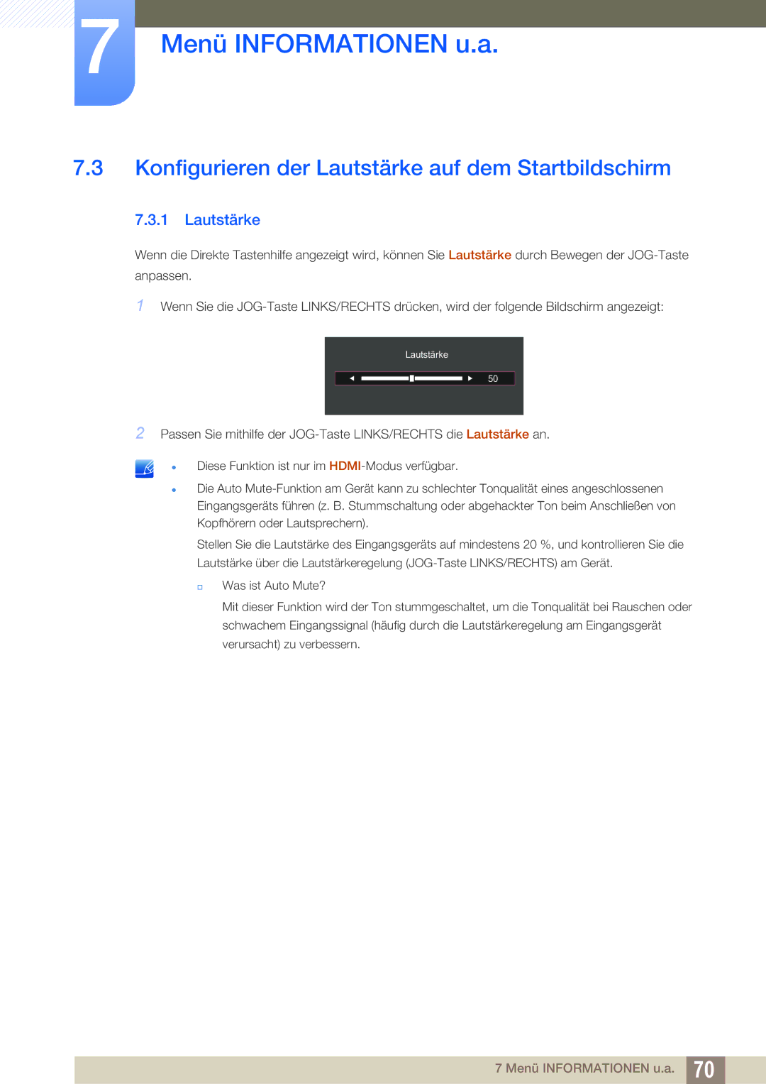 Samsung LS24D590PLX/EN, LS27D590PSX/EN manual Konfigurieren der Lautstärke auf dem Startbildschirm 