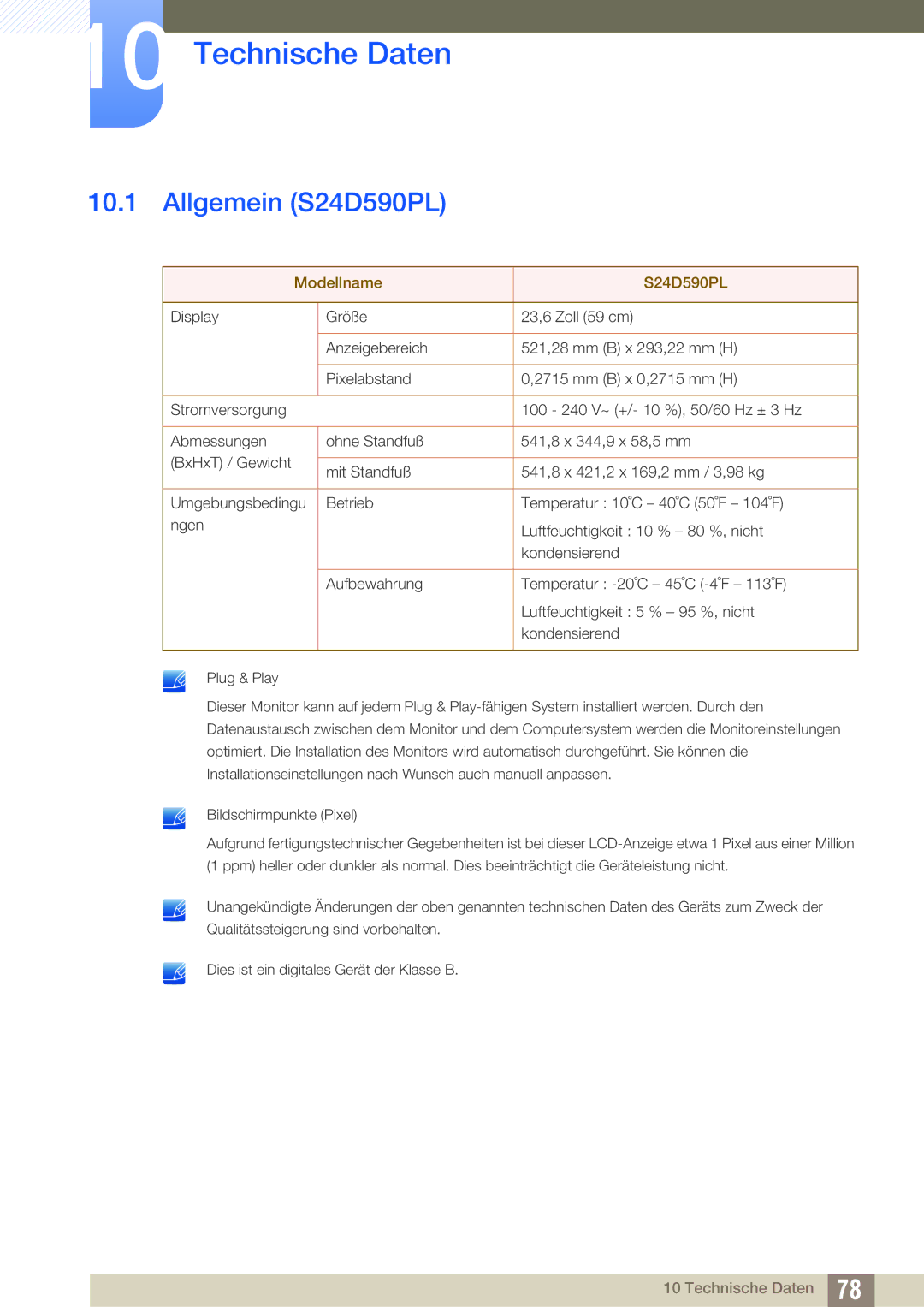 Samsung LS24D590PLX/EN, LS27D590PSX/EN manual Technische Daten, Allgemein S24D590PL 