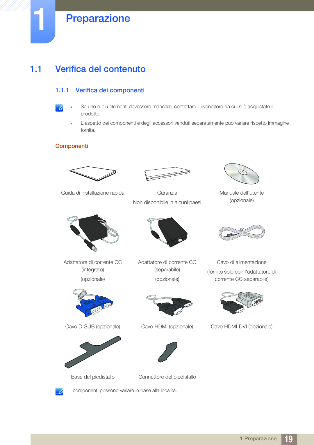 Samsung LS27D590PSX/EN, LS24D590PLX/EN manual Preparazione, Verifica del contenuto, Verifica dei componenti, Componenti 