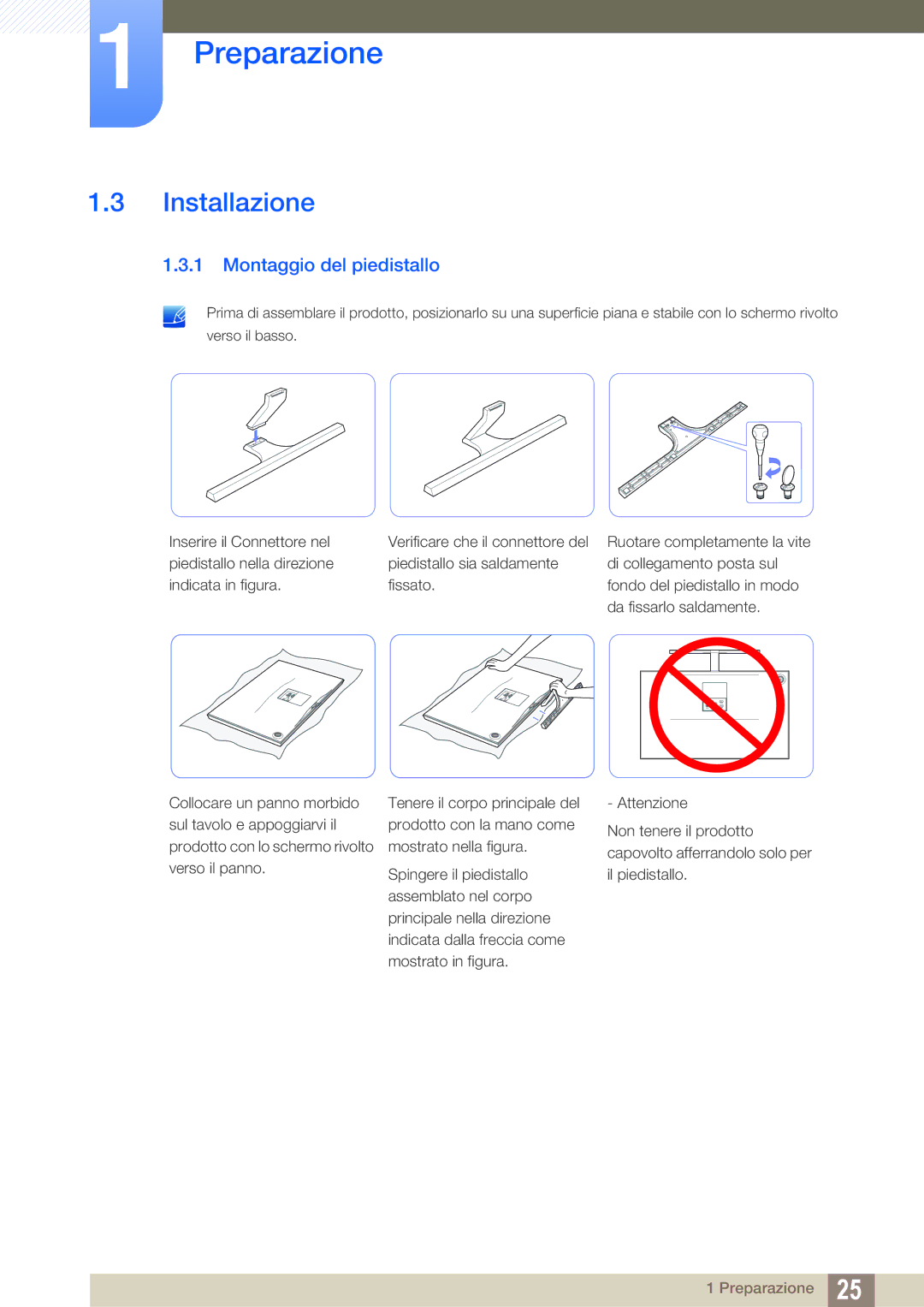 Samsung LS27D590PSX/EN, LS24D590PLX/EN manual Installazione, Montaggio del piedistallo 