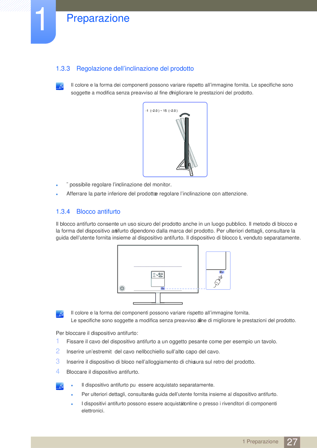 Samsung LS27D590PSX/EN, LS24D590PLX/EN manual Regolazione dellinclinazione del prodotto, Blocco antifurto 