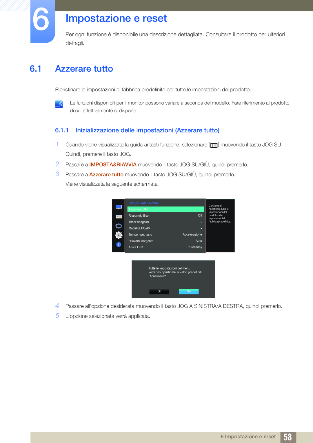 Samsung LS24D590PLX/EN, LS27D590PSX/EN manual Impostazione e reset, Inizializzazione delle impostazioni Azzerare tutto 