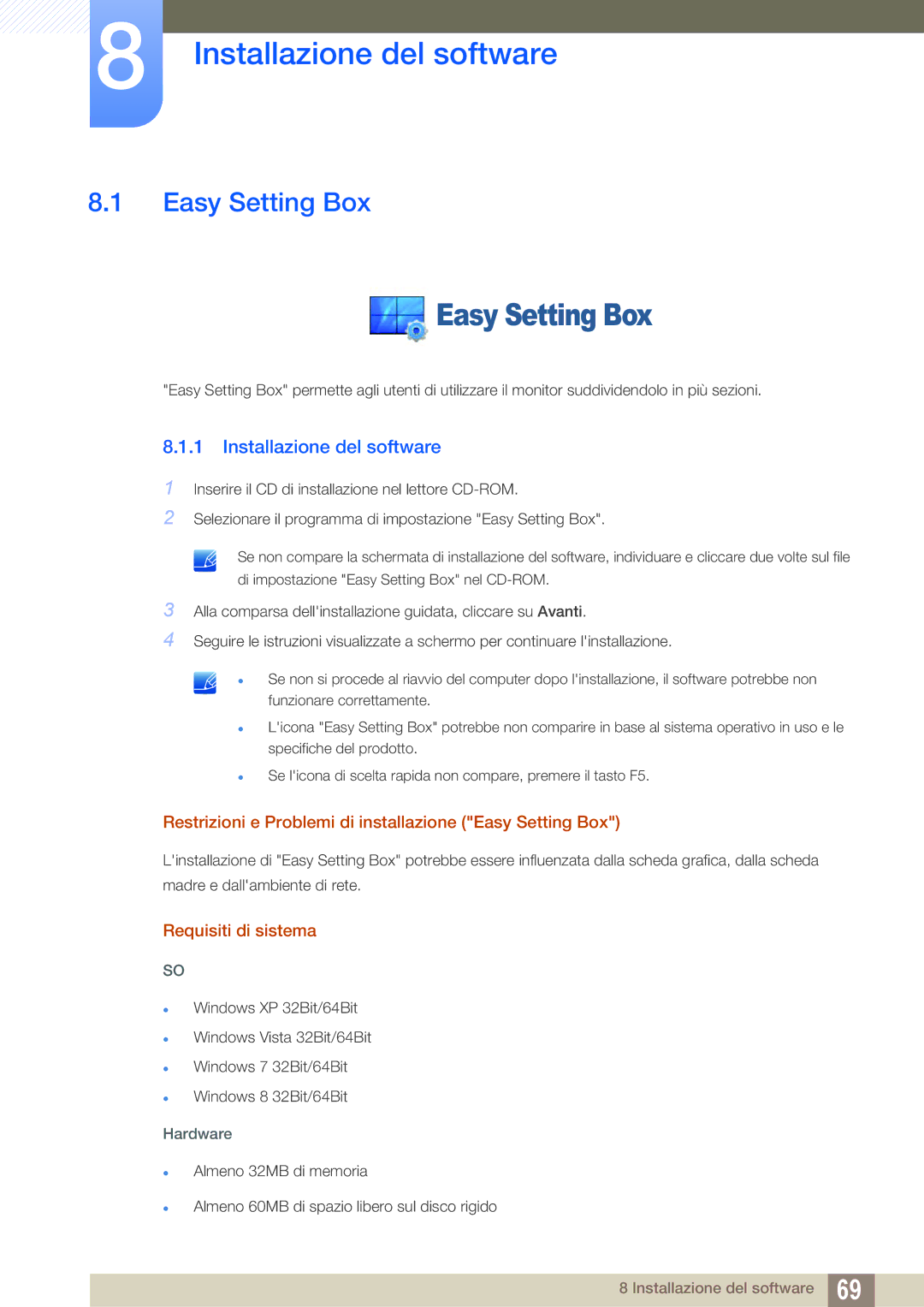 Samsung LS27D590PSX/EN, LS24D590PLX/EN manual Installazione del software, Easy Setting Box, Requisiti di sistema 