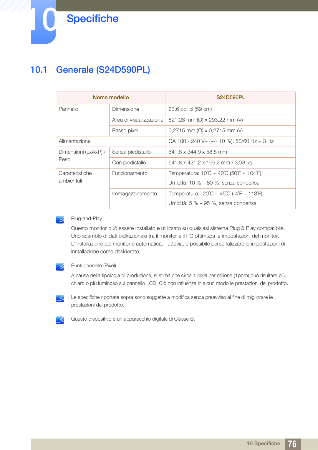 Samsung LS24D590PLX/EN, LS27D590PSX/EN manual Specifiche, Generale S24D590PL 