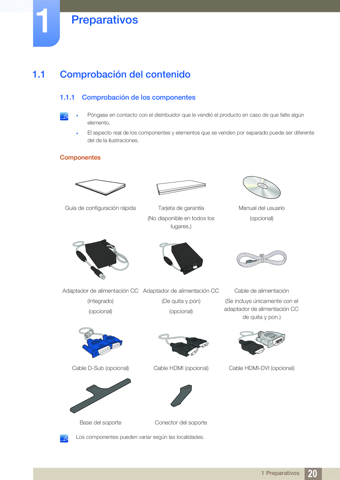 Samsung LS24D590PLX/EN manual Preparativos, Comprobación del contenido, Comprobación de los componentes, Componentes 