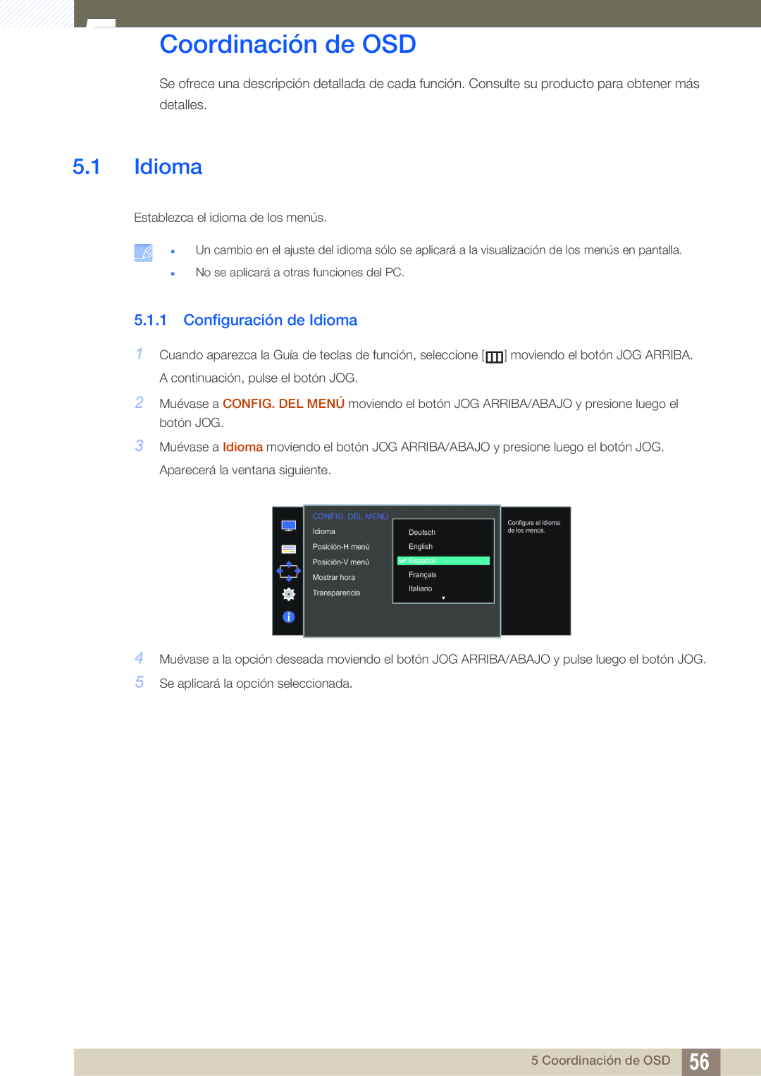 Samsung LS24D590PLX/EN, LS27D590PSX/EN manual Coordinación de OSD, Configuración de Idioma 