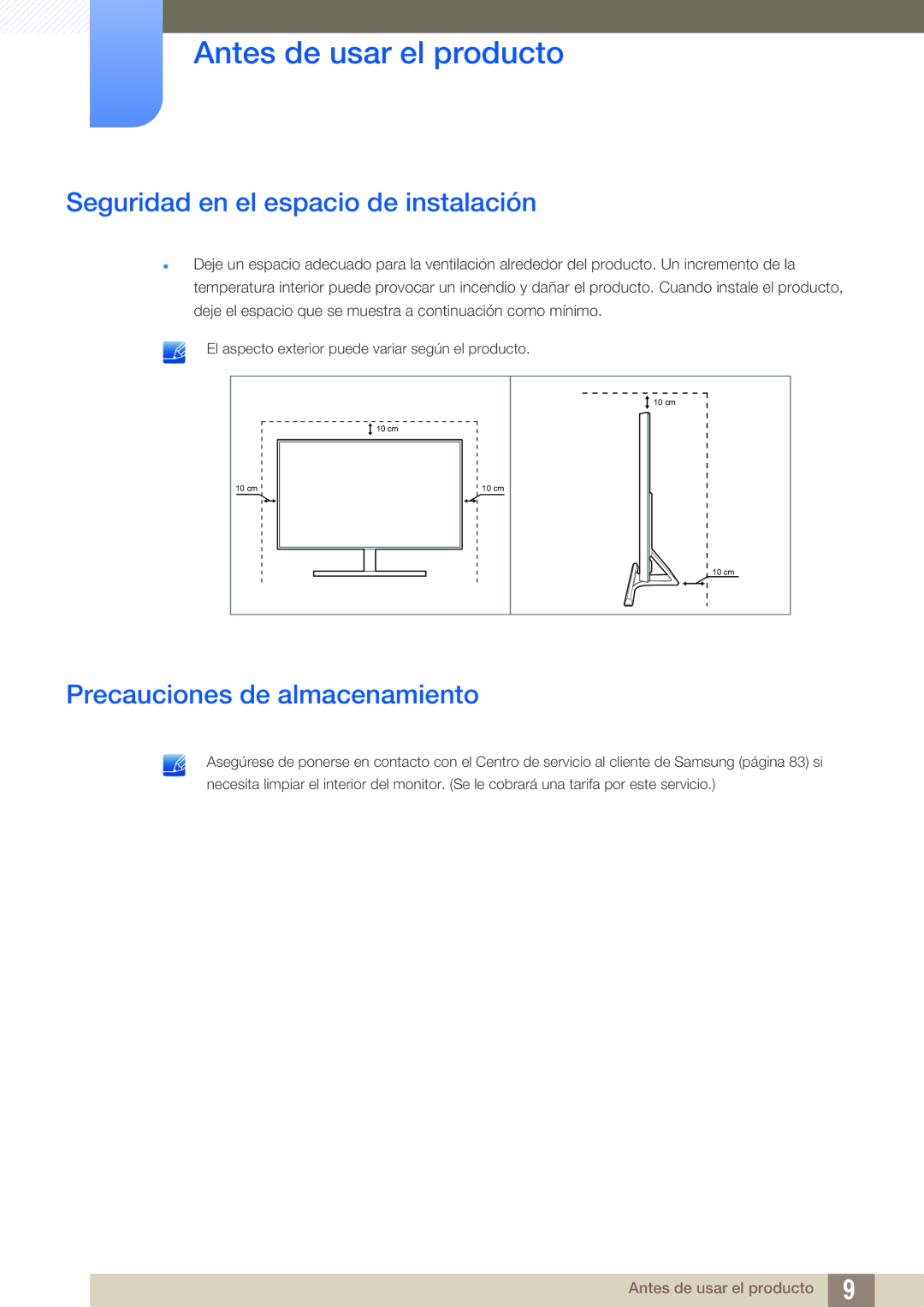 Samsung LS27D590PSX/EN, LS24D590PLX/EN manual Seguridad en el espacio de instalación, Precauciones de almacenamiento 