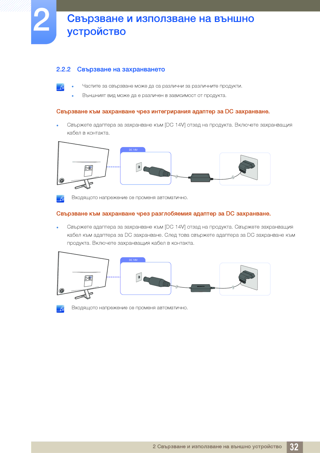 Samsung LS24D590PLX/EN, LS27D590PSX/EN manual 2 Свързване на захранването 