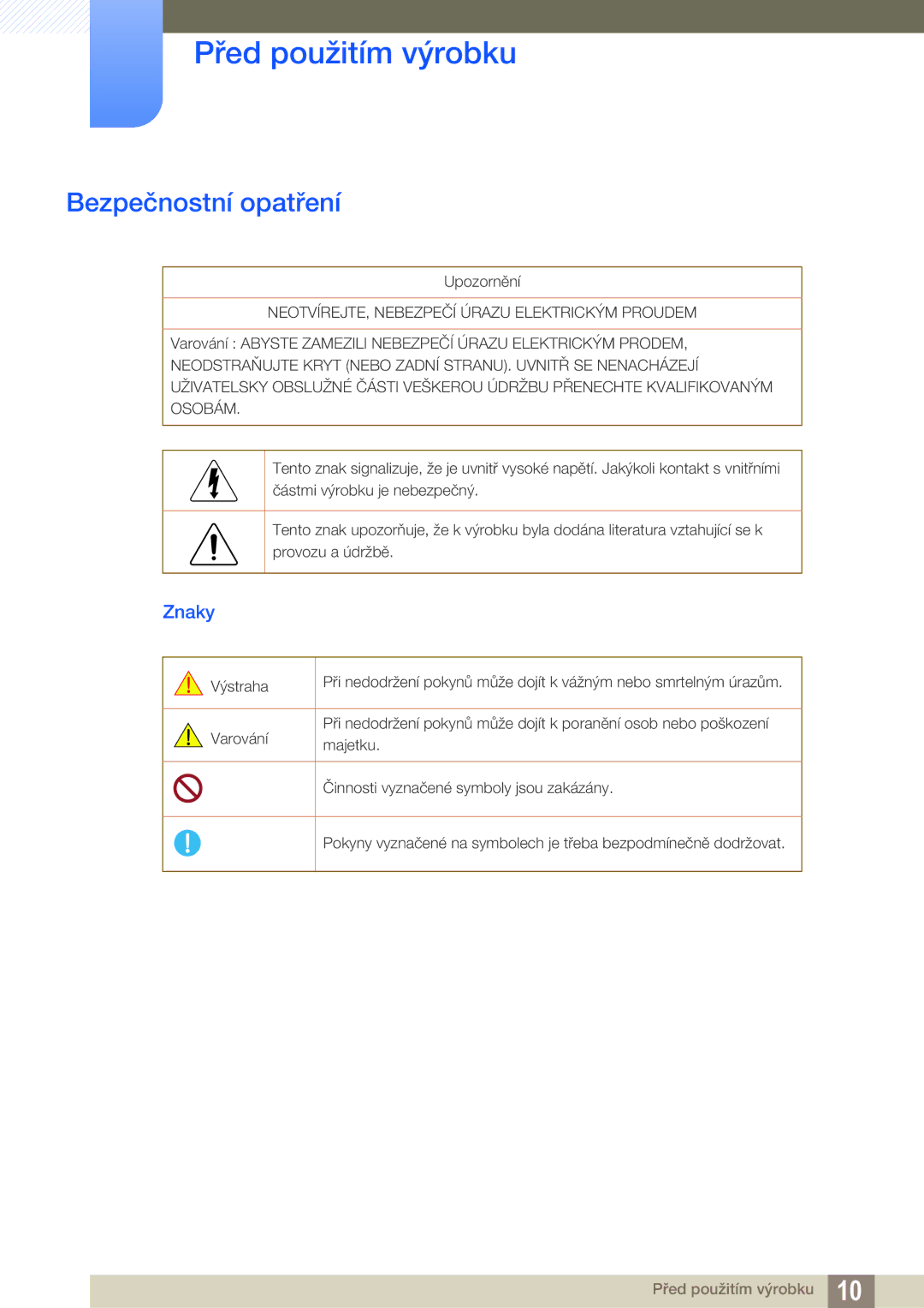 Samsung LS24D590PLX/EN, LS27D590PSX/EN manual Bezpečnostní opatření, Znaky 