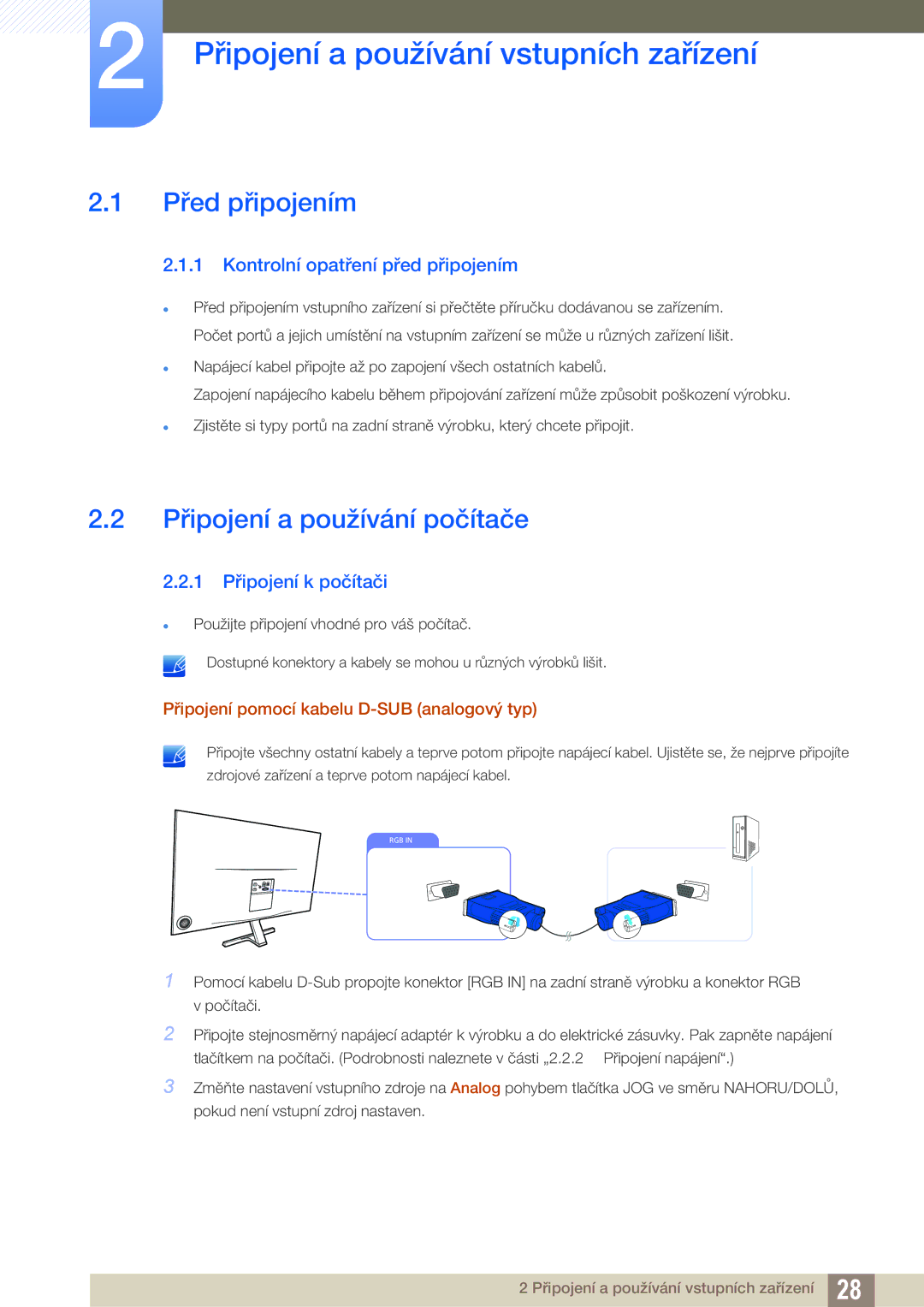 Samsung LS24D590PLX/EN manual Připojení a používání vstupních zařízení, Před připojením, Připojení a používání počítače 