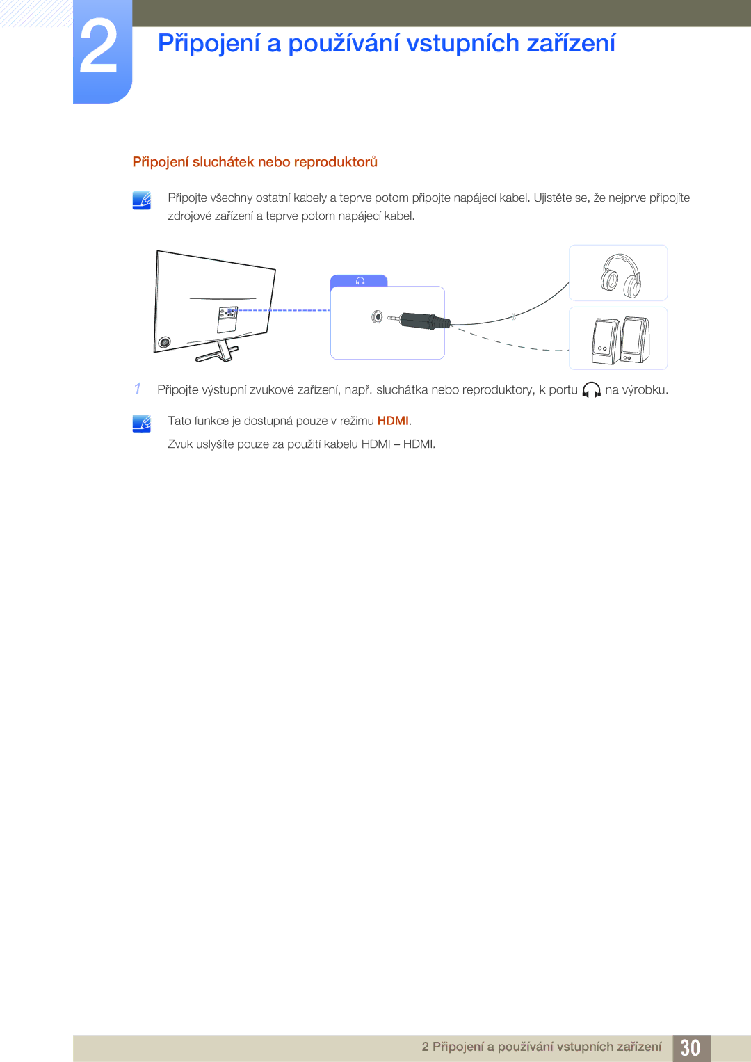 Samsung LS24D590PLX/EN, LS27D590PSX/EN manual Připojení sluchátek nebo reproduktorů 