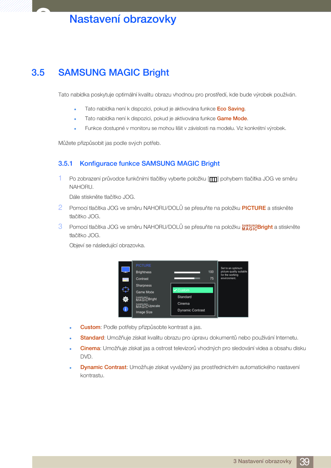 Samsung LS27D590PSX/EN, LS24D590PLX/EN manual Konfigurace funkce Samsung Magic Bright 