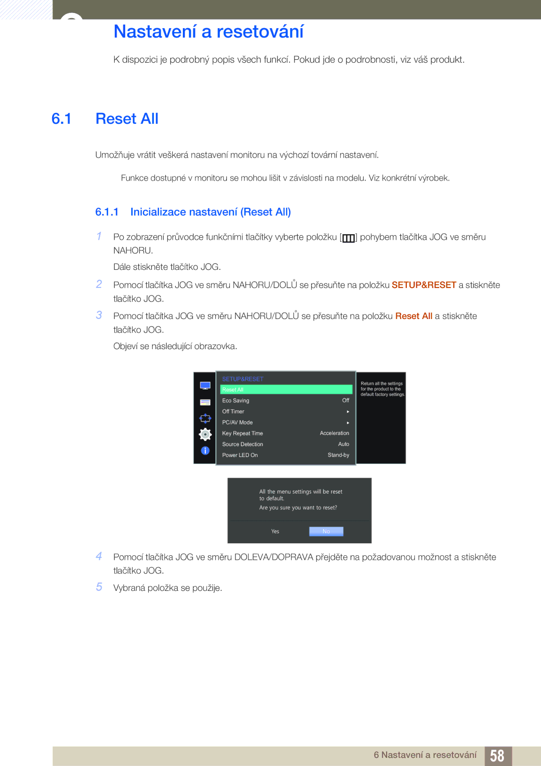 Samsung LS24D590PLX/EN, LS27D590PSX/EN manual Nastavení a resetování, Inicializace nastavení Reset All 