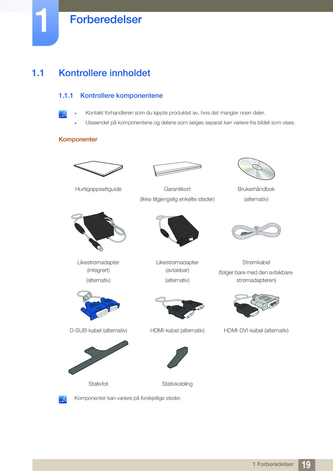 Samsung LS27D590PSX/EN, LS24D590PLX/EN manual Forberedelser, Kontrollere innholdet, Kontrollere komponentene, Komponenter 