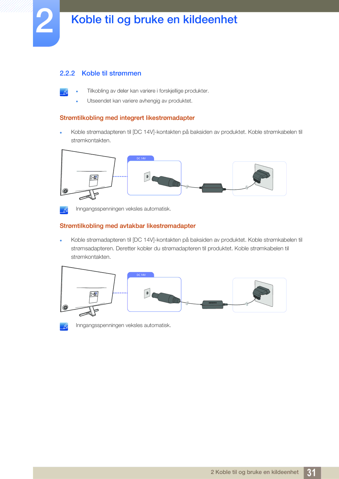 Samsung LS27D590PSX/EN, LS24D590PLX/EN manual Koble til strømmen, Strømtilkobling med integrert likestrømadapter 