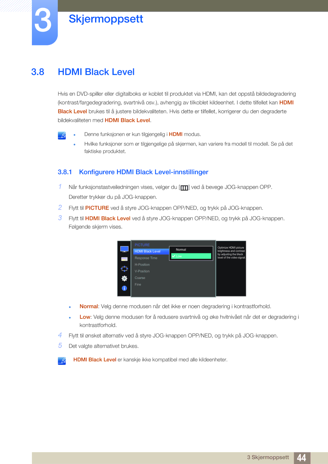 Samsung LS24D590PLX/EN, LS27D590PSX/EN manual Konfigurere Hdmi Black Level-innstillinger 