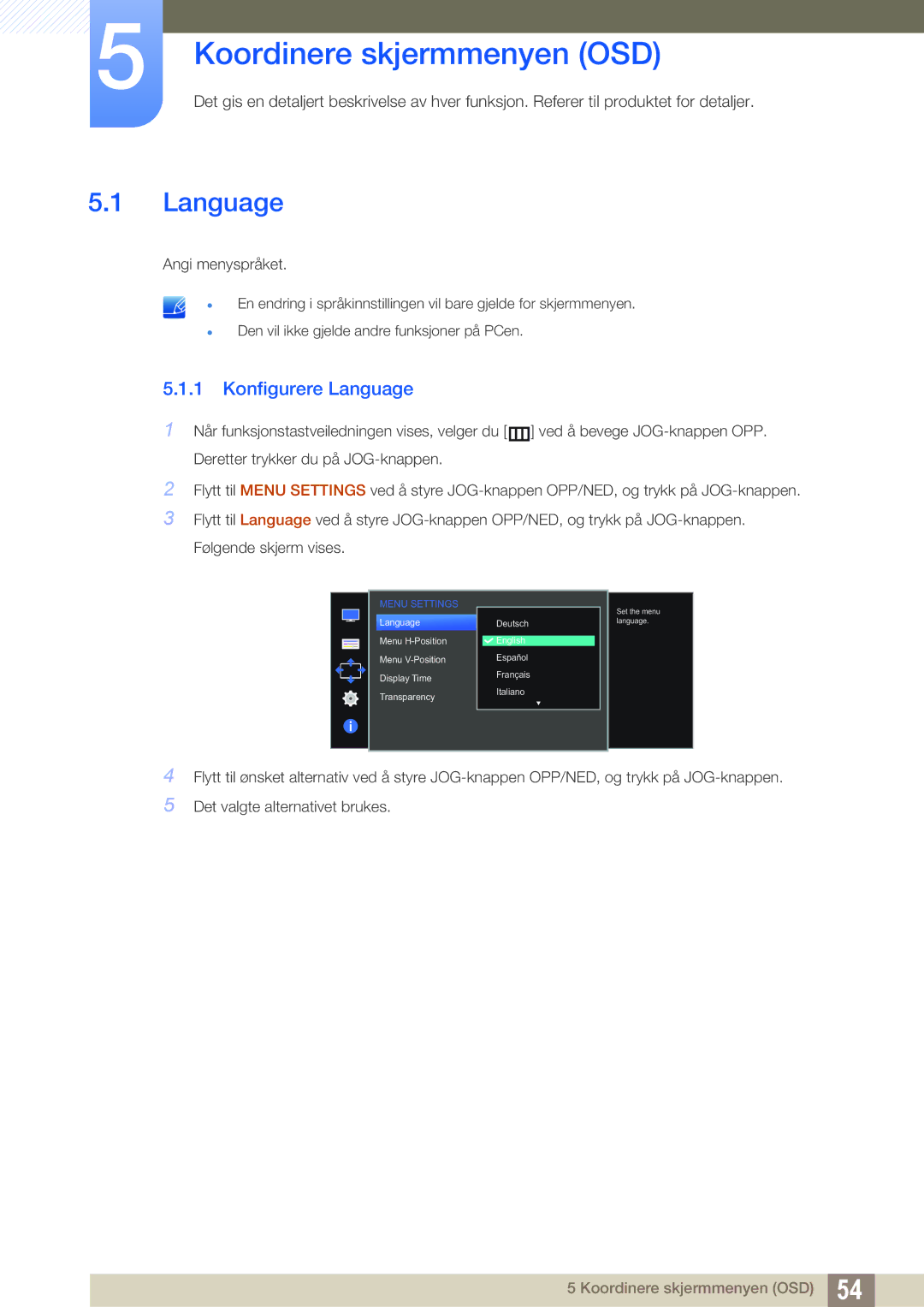 Samsung LS24D590PLX/EN, LS27D590PSX/EN manual Koordinere skjermmenyen OSD, Konfigurere Language 