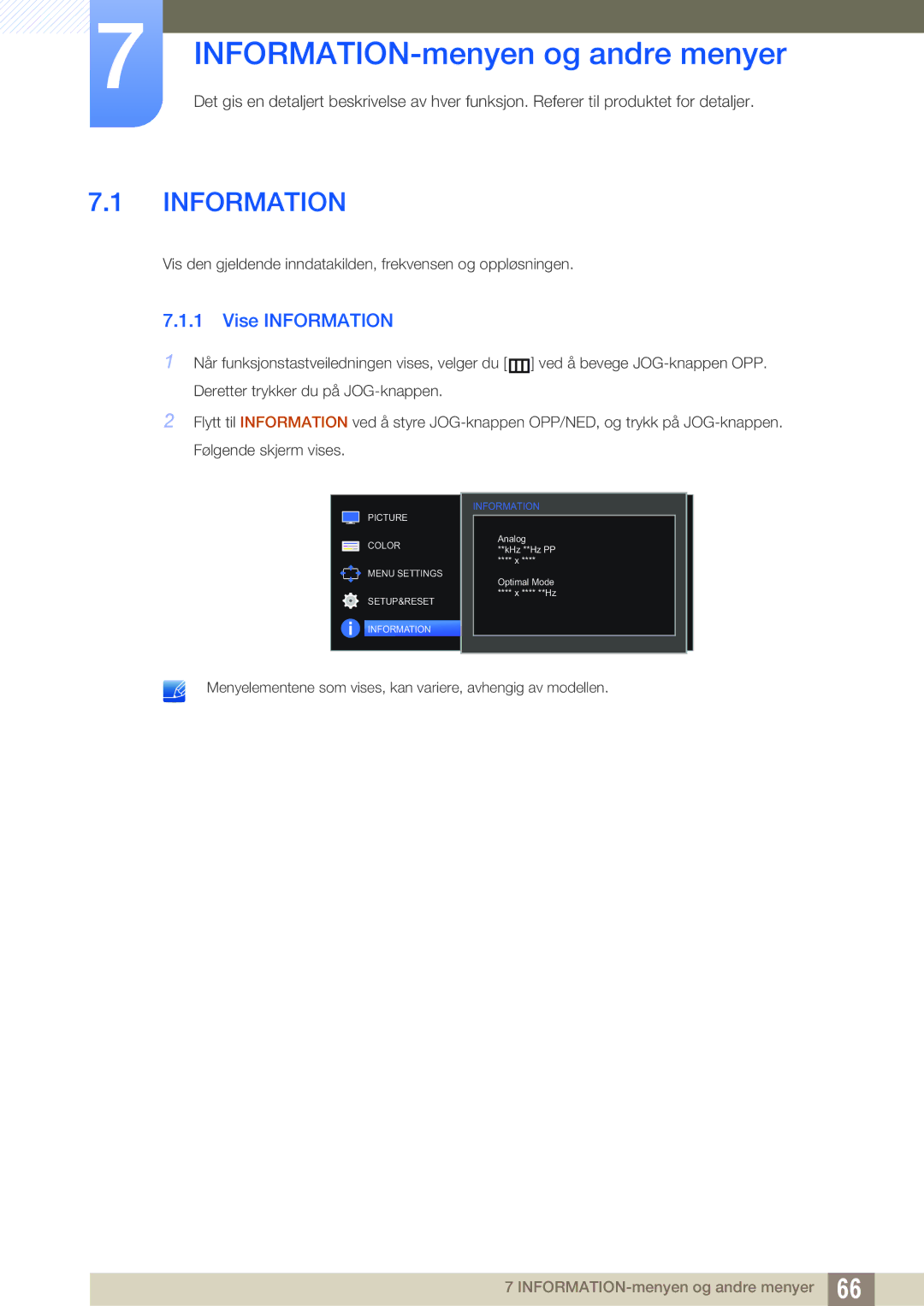 Samsung LS24D590PLX/EN, LS27D590PSX/EN manual INFORMATION-menyen og andre menyer, Vise Information 