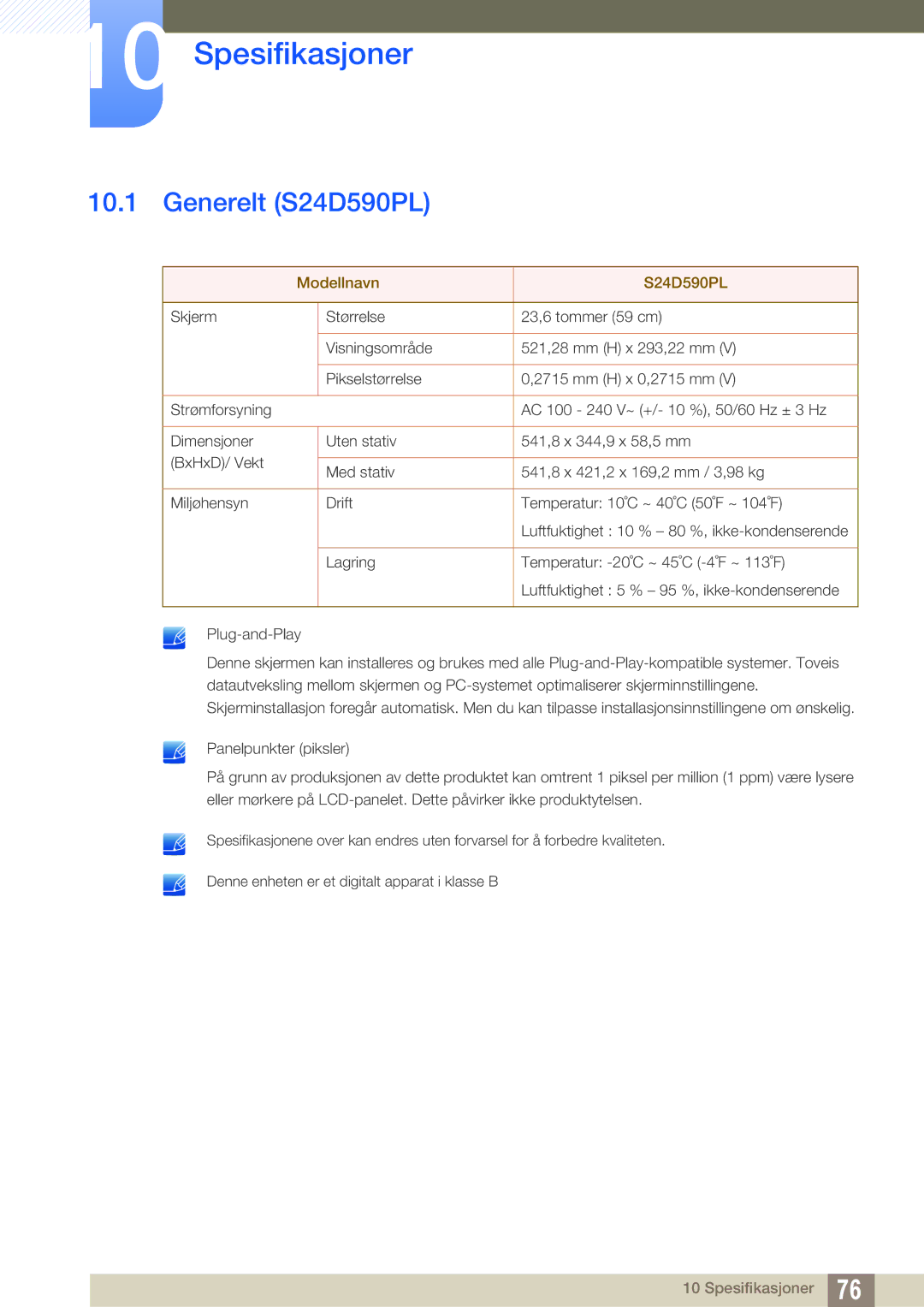 Samsung LS24D590PLX/EN, LS27D590PSX/EN manual Spesifikasjoner, Generelt S24D590PL 