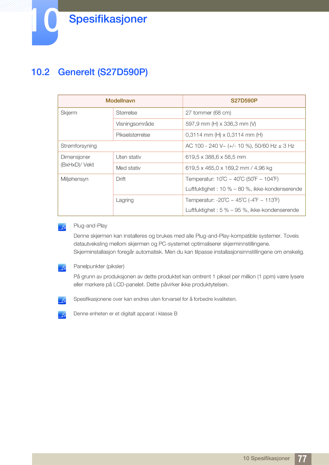 Samsung LS27D590PSX/EN, LS24D590PLX/EN manual Generelt S27D590P, Modellnavn S27D590P 