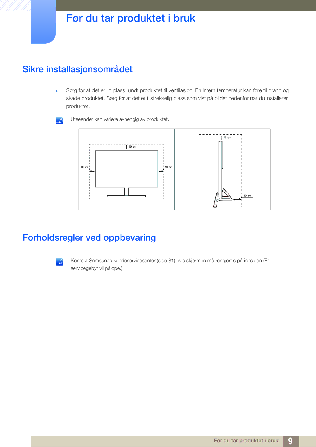 Samsung LS27D590PSX/EN, LS24D590PLX/EN manual Sikre installasjonsområdet, Forholdsregler ved oppbevaring 