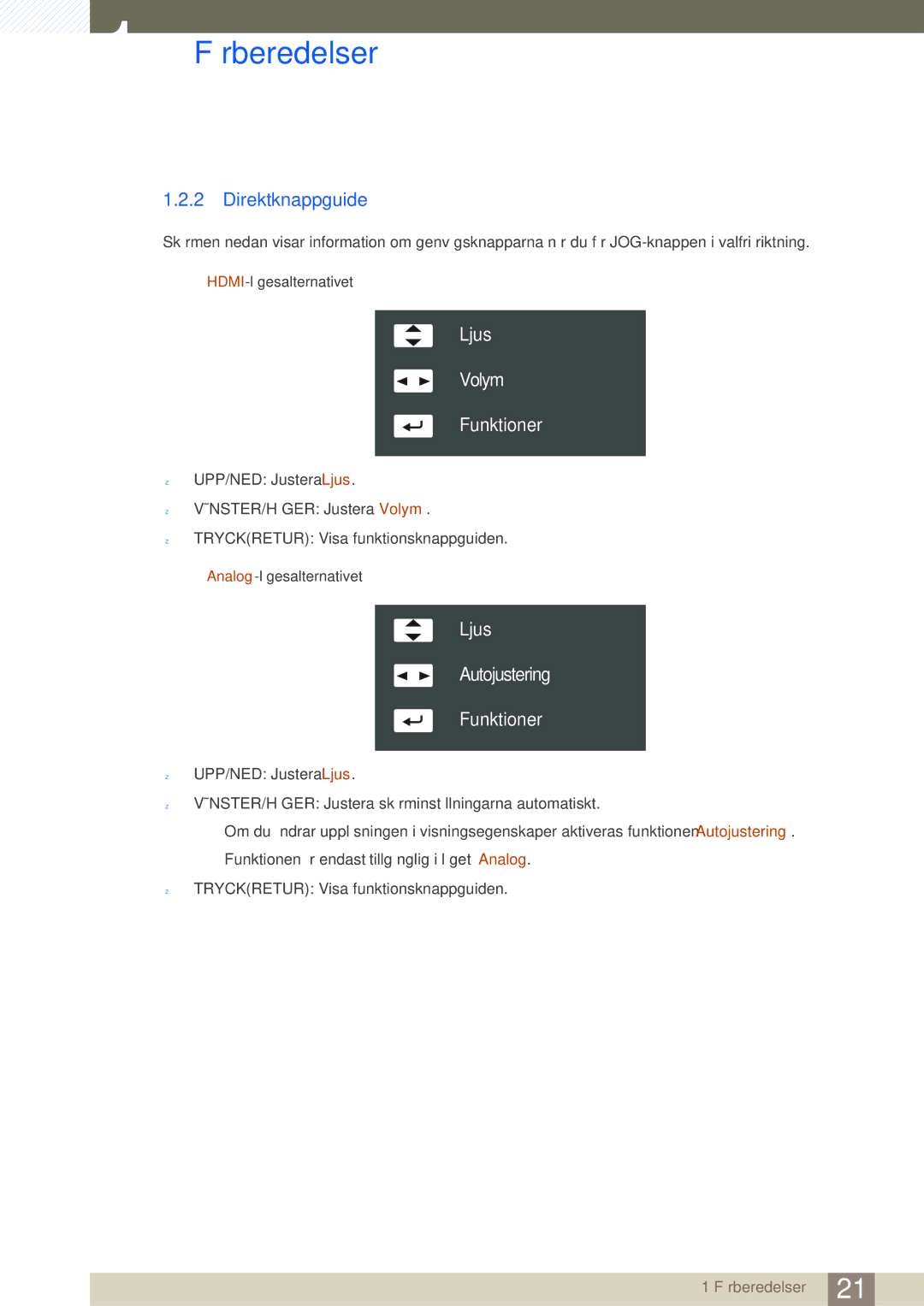 Samsung LS27D590PSX/EN, LS24D590PLX/EN manual Direktknappguide, Ljus Volym Funktioner 