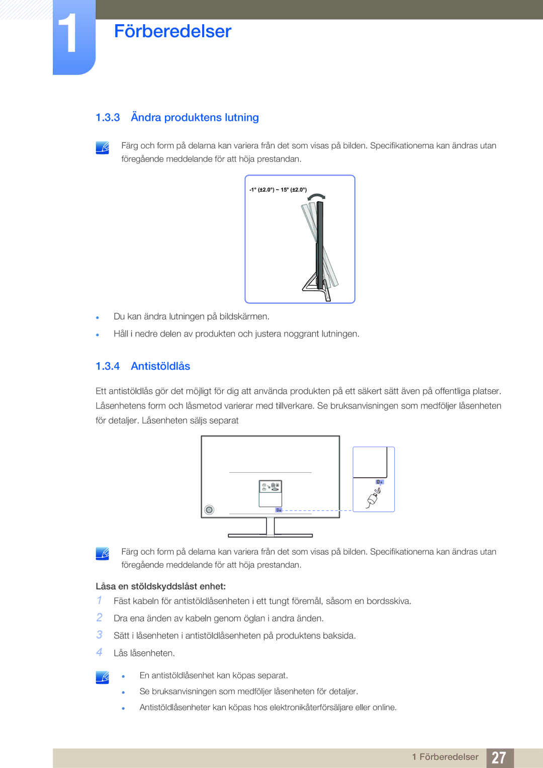 Samsung LS27D590PSX/EN, LS24D590PLX/EN manual 3 Ändra produktens lutning, Antistöldlås 