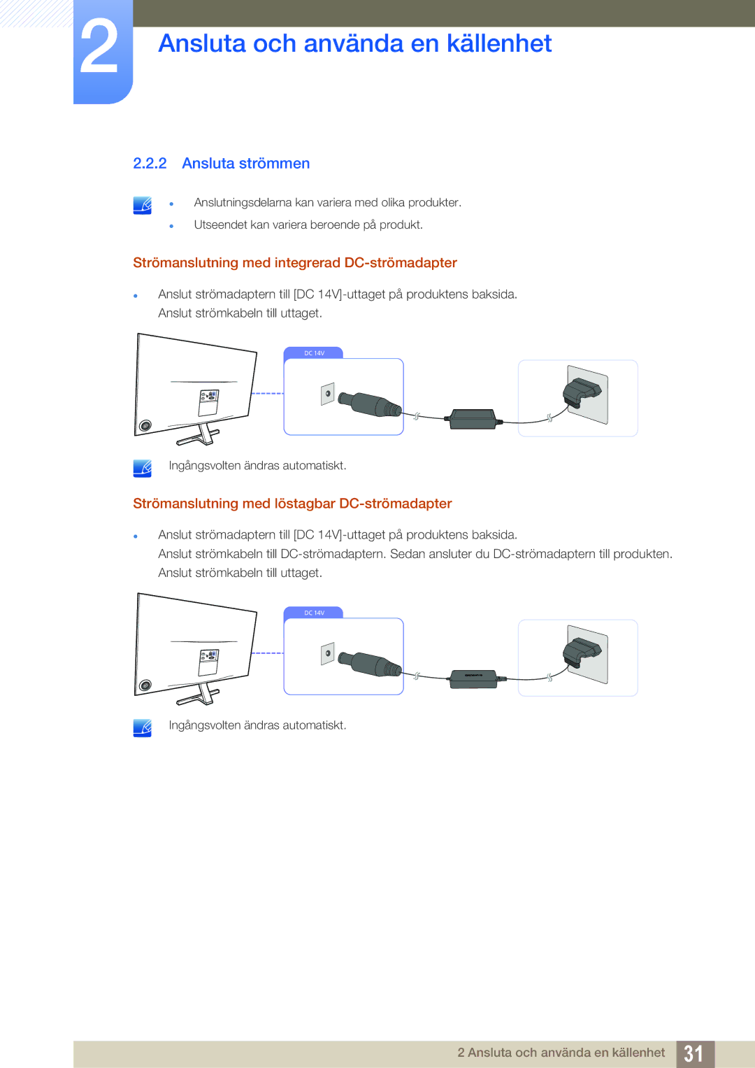 Samsung LS27D590PSX/EN, LS24D590PLX/EN manual Ansluta strömmen, Strömanslutning med integrerad DC-strömadapter 