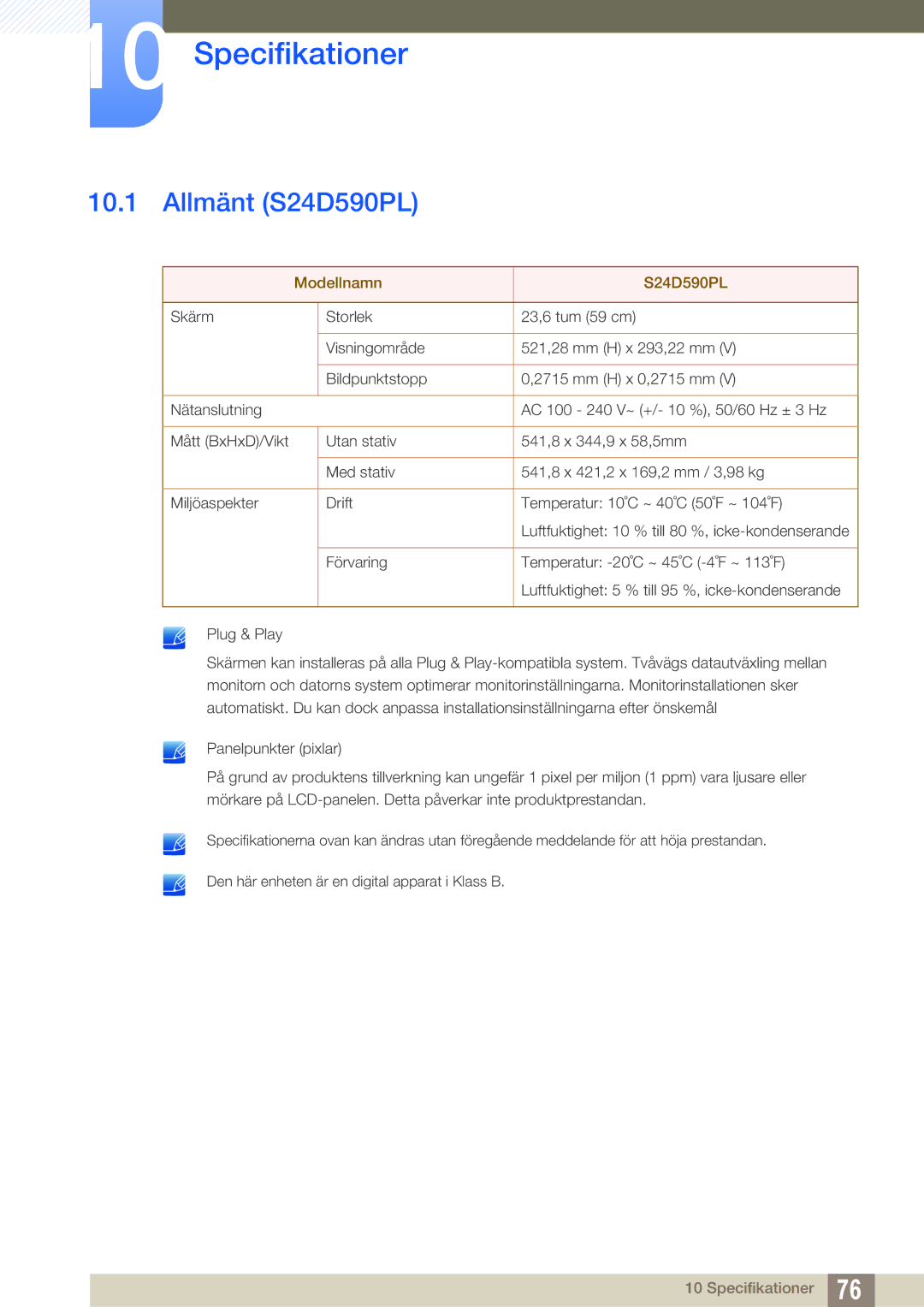 Samsung LS24D590PLX/EN, LS27D590PSX/EN manual Specifikationer, Allmänt S24D590PL 