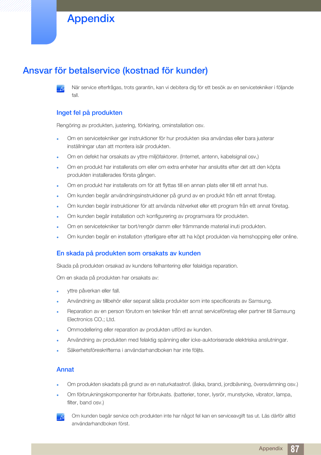 Samsung LS27D590PSX/EN, LS24D590PLX/EN manual Ansvar för betalservice kostnad för kunder, Inget fel på produkten, Annat 
